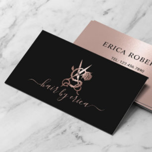 Tarjeta De Visita Rose Gold Hair Stylist Scissor & Rose Logo Salon