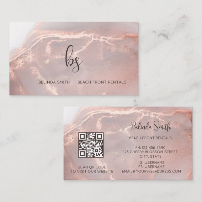 Tarjeta De Visita Rose Gold Ink Marble Black Initials (Anverso / Reverso)