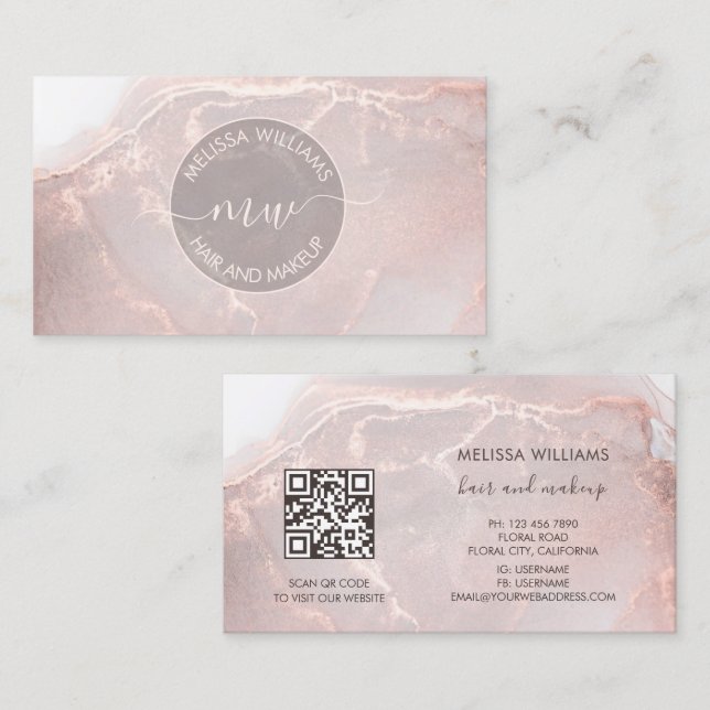 Tarjeta De Visita Rose Gold  Ink Marble | QR Code (Anverso / Reverso)
