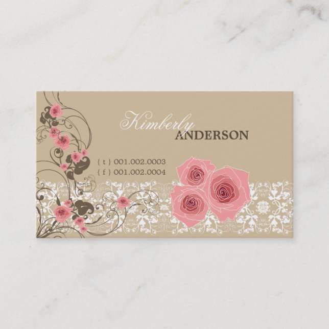 Tarjeta De Visita Roses rosadas Damasco Lace Fleur Elegante Moda Vin (Anverso)