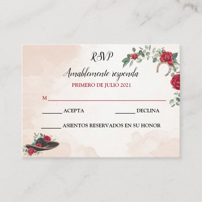 Tarjeta De Visita RSVP QUINCEANERA Mariachi Charra Watercolor (Anverso)