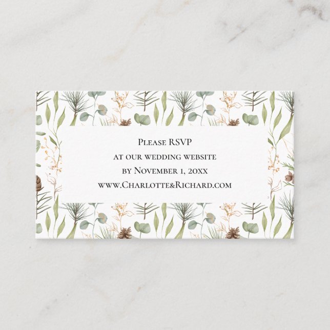 Tarjeta De Visita RSVP, sitio web ruso de Boda de Woodland (Anverso)