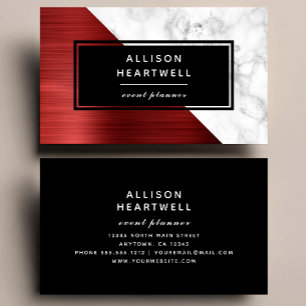 Tarjeta De Visita Rubí Rojo Moderno Metal Brillado Mármol Blanco Neg