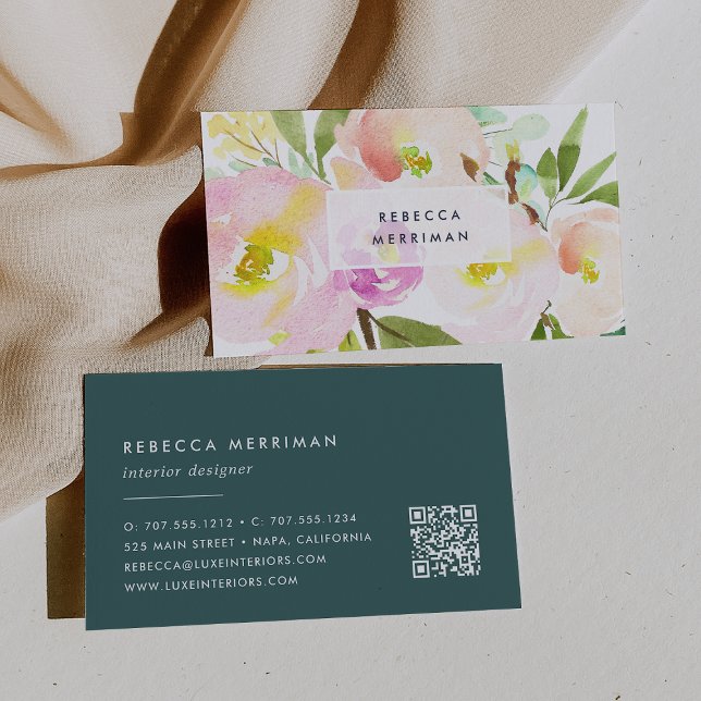 Tarjeta De Visita Rubor Bloom | acuarela Floral QR Code (Subido por el creador)
