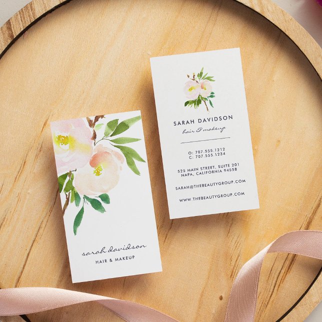 Tarjeta De Visita Rubor Bloom | Moderna acuarela floral vertical (Subido por el creador)