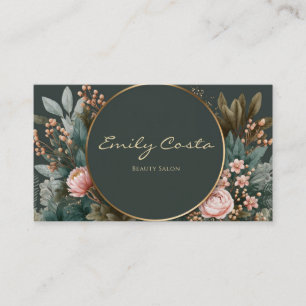 Tarjeta De Visita Rubor de Círculo Dorado Floral Esmeralda Lujoso Fr