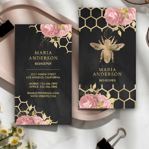 Tarjeta De Visita Rubor de lámina dorada de carbón Rosa Floral Abeja