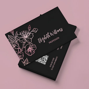 Tarjeta De Visita Rubor de oro rosa Floral rosa negro Código QR