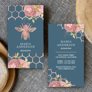 Tarjeta De Visita Rubor Floral Polvo Azul Rosa Dorado Miel Abeja