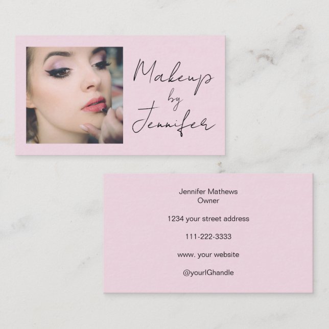 Tarjeta De Visita Rubor Pink Black Script Photo Makup (Anverso / Reverso)