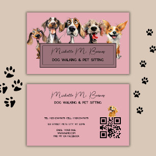 Tarjeta De Visita Rubor Pink Dog Walker Sitter Código QR Moderno