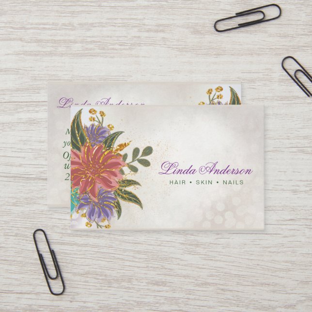 Tarjeta De Visita Rubor rosa y morado con acuarela dorada (Anverso/Reverso In Situ)