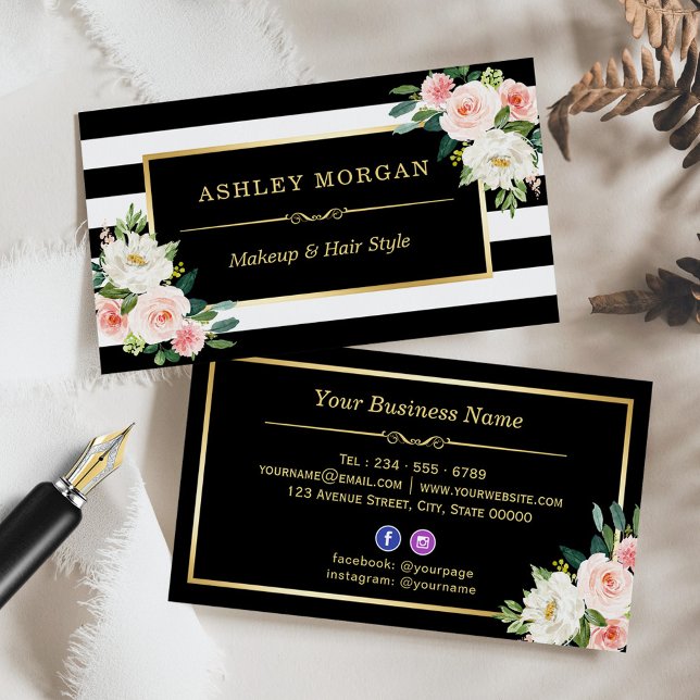 Tarjeta De Visita Rubor White Green Floral Black White Strips (Subido por el creador)