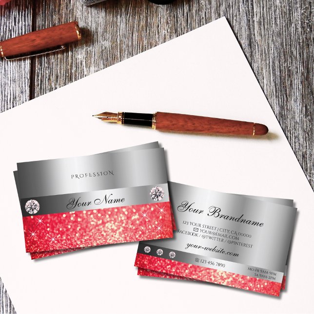 Tarjeta De Visita Ruby Red Purpurina Diamantes de Plata Shimmery (Subido por el creador)