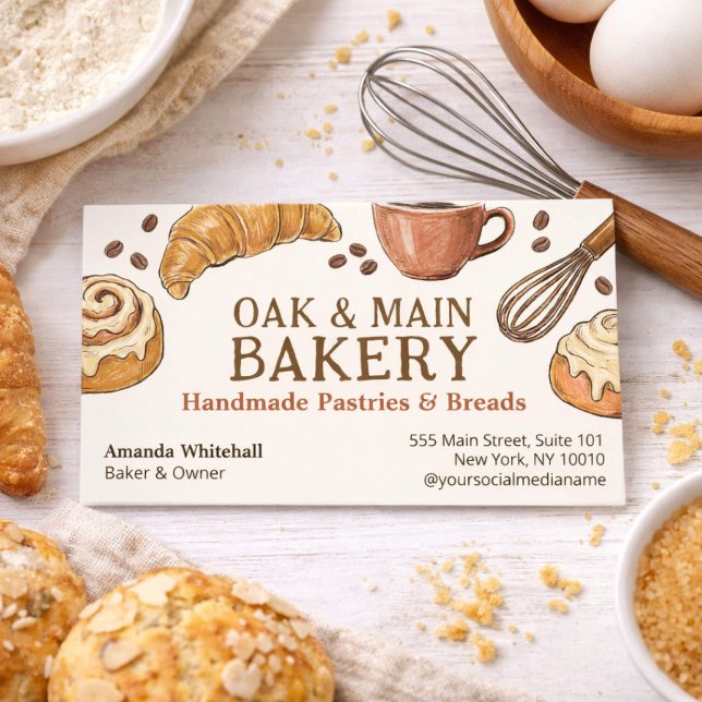 Tarjeta De Visita Rustic Artisan Bakery Hand-Drawn Pastries & Breads (Subido por el creador)