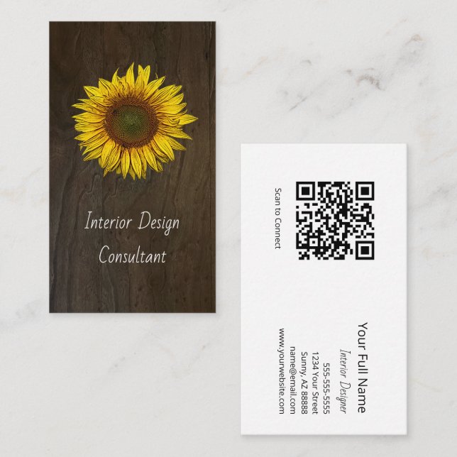Tarjeta De Visita Rustic Barn Wood Sunflower Designer QR code  (Anverso / Reverso)