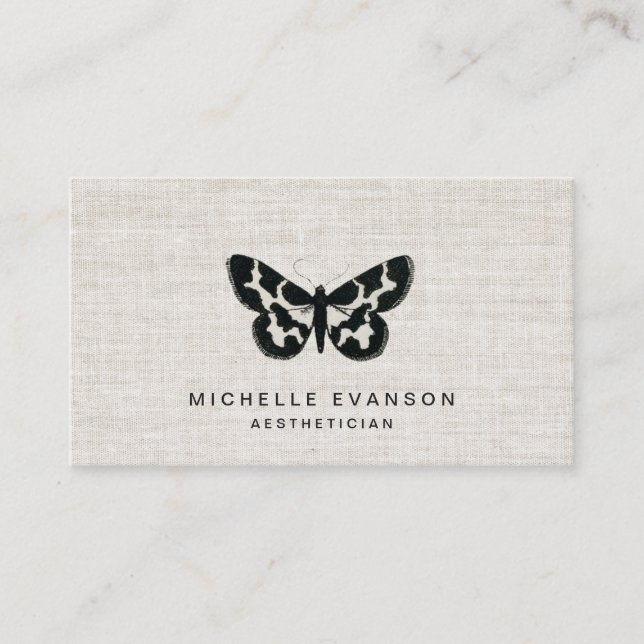 Tarjeta De Visita Rustic Black Butterfly Logo on Elegant Linen (Anverso)