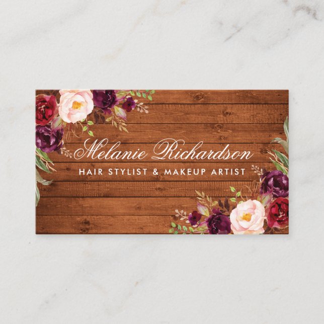 Tarjeta de visita Rustic Burgundy Floral Wood (Anverso)