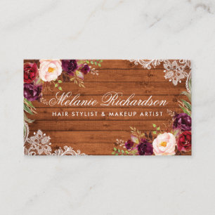 Tarjeta de visita Rustic Burgundy Floral Wood Lace