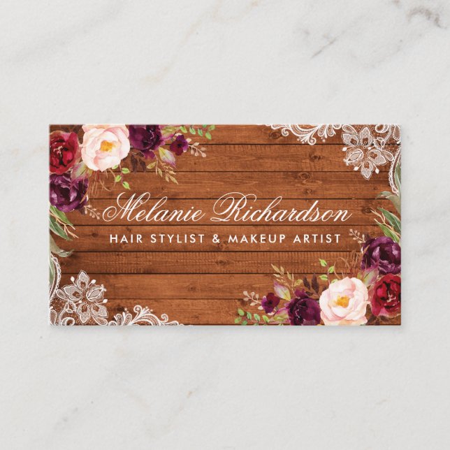 Tarjeta de visita Rustic Burgundy Floral Wood Lace (Anverso)