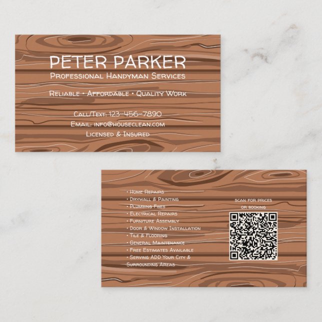 Tarjeta De Visita Rustic Professional Contractor Card with QR Code (Anverso / Reverso)