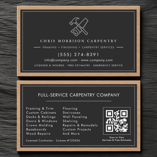 Tarjeta De Visita Rustic QR Code Carpenter Carpentry Services   (Subido por el creador)