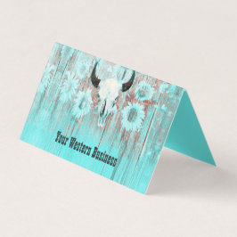 Tarjeta De Visita Rustic Teal Western Bull Skull Sunflowers On Wood