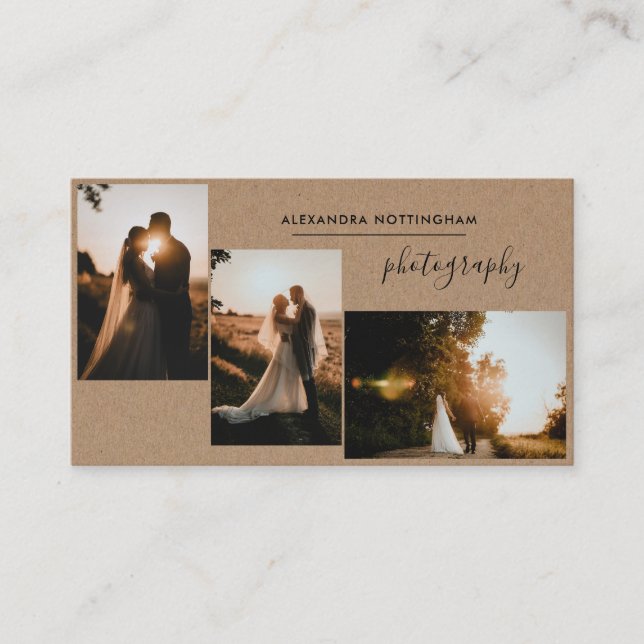 Tarjeta De Visita Rustic Three Photo Collage Wedding Photography (Anverso)