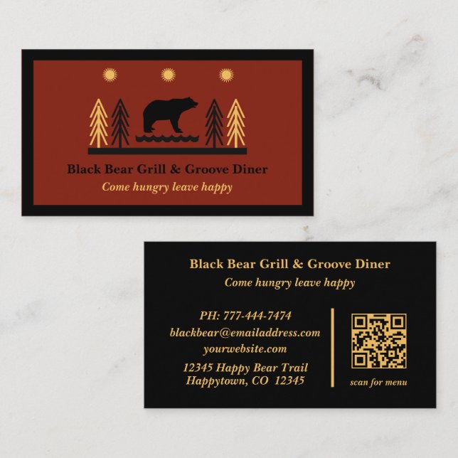Tarjeta De Visita Rustic Tribal Southwestern Black Bear Restaurant  (Anverso / Reverso)
