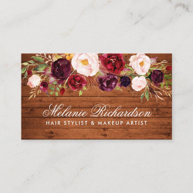Tarjeta de visita Rustic Wood Burgundy Floral (Anverso)