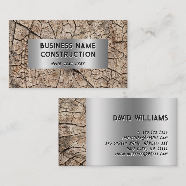 Tarjeta De Visita Rustic Wood Construction Silver Metallic (Anverso / Reverso)