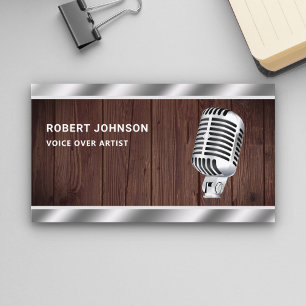 Tarjeta De Visita Rustic Wood Metallic Microphone Voice Over Artist