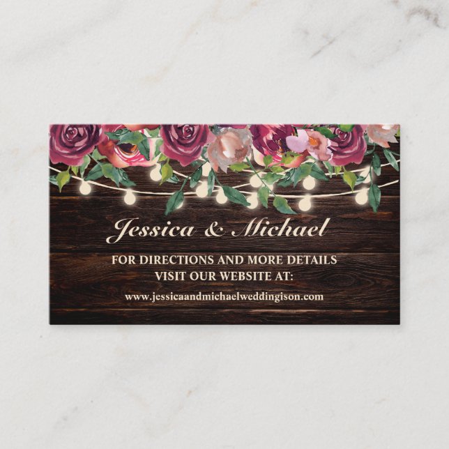 Tarjeta De Visita Rustic Wood String ilumina el sitio web del Boda d (Anverso)