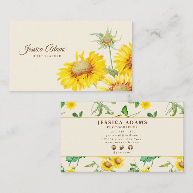 Tarjeta De Visita Rustic Yellow Sunflower Watercolor (Anverso / Reverso)