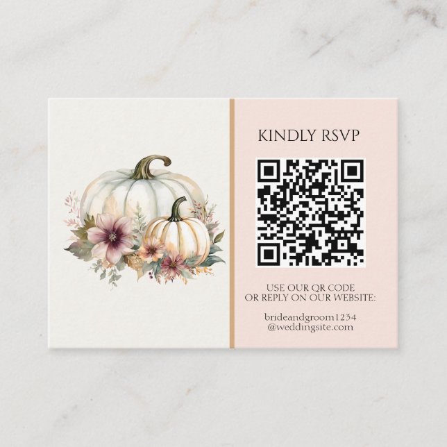 Tarjeta De Visita Rústica Calabaza Blanca Boda Floral de Otoño Rosa  (Anverso)