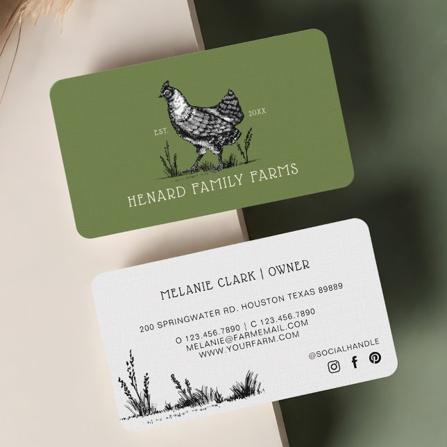 Tarjeta De Visita Rústica de boceto de cosecha de cosecha de cosecha (Rustic Vintage Sketch Farm Hen Olive Green Business Card)
