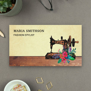 Tarjeta De Visita Rústica Madera Floral Máquina de coser Moda Estili