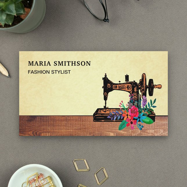 Tarjeta De Visita Rústica Madera Floral Máquina de coser Moda Estili (Subido por el creador)