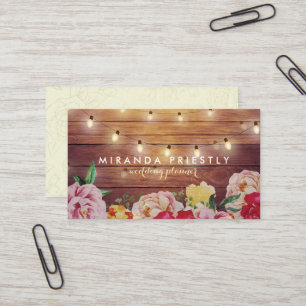 Tarjeta De Visita Rústica Madera Floral String Lights Wedner Planner