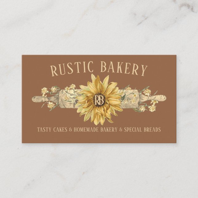 Tarjeta De Visita Rústica panadería de madera marrón Rolling Pin Sun (Anverso)