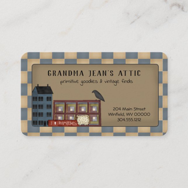 Tarjeta De Visita Rústica Primitiva Saltbox Casa Quilt Crow (Anverso)
