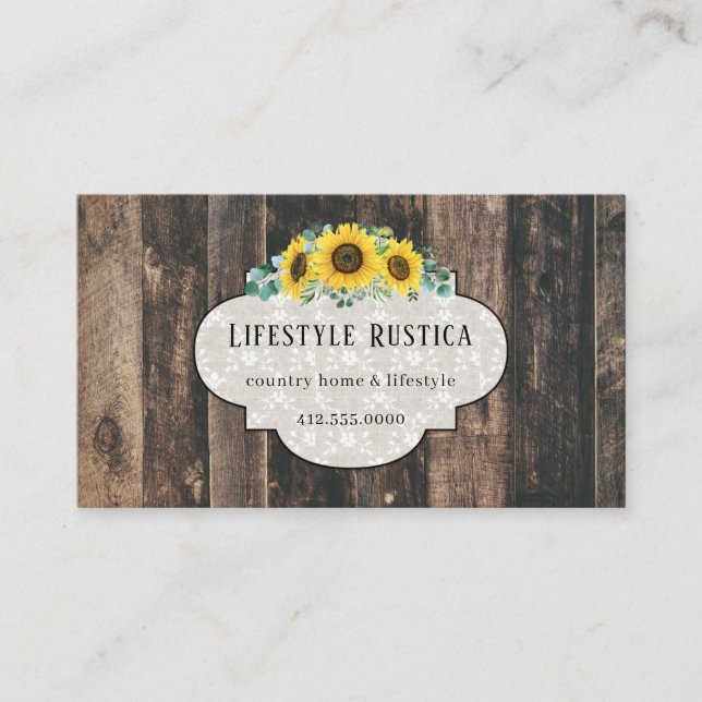 Tarjeta De Visita Rústica Wood Lace Shabby Grunge Sunflower Business (Anverso)