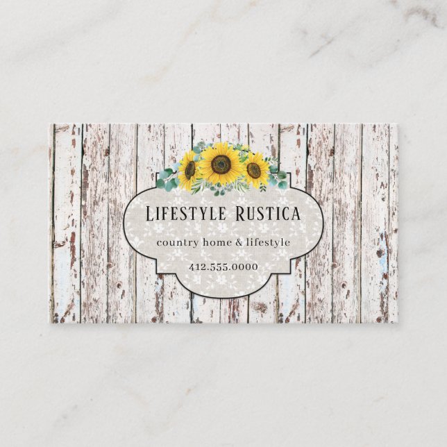 Tarjeta De Visita Rústica Wood Lace Shabby Grunge Sunflower Business (Anverso)