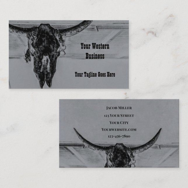 Tarjeta De Visita Rústico Black Western Cow Skull (Anverso / Reverso)