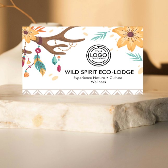 Tarjeta De Visita Rústico Boho Antlers, Feathers Beats Floral Tribal (featuring rustic boho artwork with antlers, feathers, beads, and floral accents. warm earth colors)