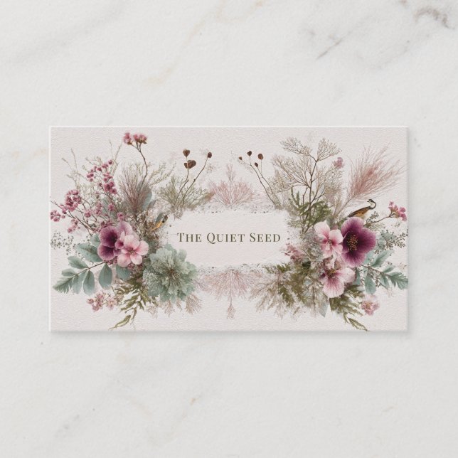 Tarjeta De Visita Rústico Boho Botánico Flor Rosa y Pájaro (Anverso)