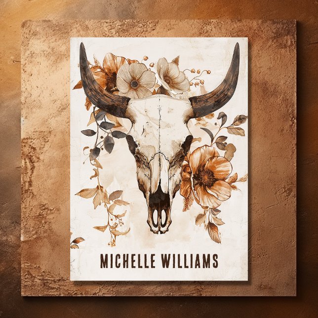 Tarjeta De Visita Rústico cráneo de toro y flores boho occidental (Front - Rustic Bull Cow Skull and Flowers Boho Western Business Card)