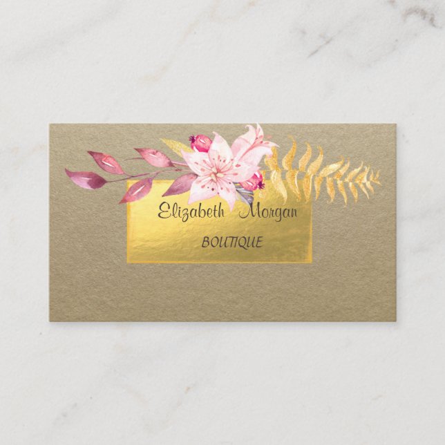 Tarjeta De Visita Rústico Elegante, Kraft, Dorado, Flor (Anverso)