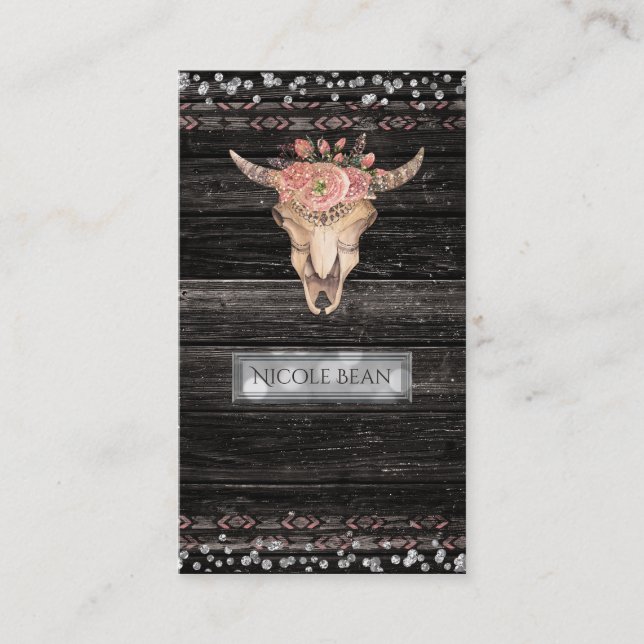 Tarjeta De Visita Rústico Floral Cow Skull Boho Moda Glam Personaliz (Anverso)