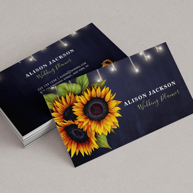 Tarjeta De Visita Rústico girasol planificador de bodas azul marino (Subido por el creador)